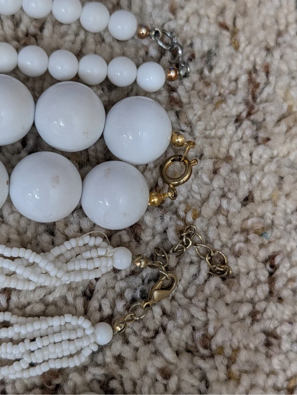 Vintage White Plastic Bead Necklace Lot Set 8 Mid Century Monochrome Modernist
